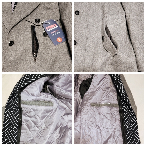 Amazon Wool Blend Detachable Scarf Mens Collar Trench Pea Coat Grey 2X-Large - Picture 4 of 7